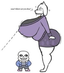 alternate_breast_size aplovestudio deltarune furry gigantic_breasts goat huge_ass huge_breasts larger_female milf purple_sweater sans smaller_male text toriel