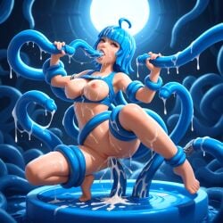 3d ai ai_generated anime_style blue_hair blue_skin bondage bondage clash_of_clans cum detailed_background erotichris fantasy female female fetish full_moon glowing_eyes high_contrast kneeling lactation large_breasts night_sky nipple_piercing saliva sexual_content starry_background tentacle tentacle tentacle_rape tentacles_sex wet