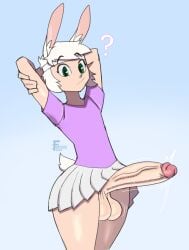 accessory animal_humanoid balls bottomwear clothing erection femboy genitals hands_behind_head headband hi_res humanoid kai_(bosstones) lagomorph lagomorph_humanoid leporid leporid_humanoid male male_only mammal mammal_humanoid oblivious partial_nudity question_mark rabbit rabbit_humanoid shirt skirt solo t-shirt thick_thighs topwear zr_furious