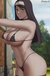 1girls absurdres artist_name bikini black_bikini black_clover blue_eyes blush breasts curvy highres large_breasts lily_aquaria looking_at_viewer mole mole_under_eye nun oroborus oroborusart outdoors patreon_username sideboob sister_lily_aquaria solo swimsuit thick_thighs thighs
