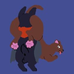 1:1 ambiguous_gender anal anthro anus ass backsack balls bat black_body black_fur brown_body brown_fur claws digital_media_(artwork) duo feral fur genitals male mammal moonbat mustelid musteline nico_(moonbat) nude open_mouth oral pawpads paws pixel_(artwork) rimming sex simple_background stoat tail tongue tongue_out true_musteline weasel