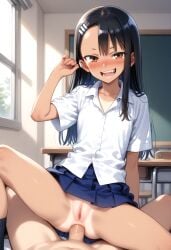 ai ai_generated anal anal_sex anal_sex anime blue_skirt blush brown_eyes classroom desk female female indoors long_black_hair open_mouth schoolgirl sexual_content spread_legs sunlight uncensored visible_vagina white_shirt window