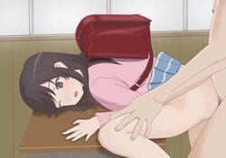 1boy age_difference ass backpack bent_over black_hair blush brown_eyes classroom female hiropyon ichijou_hotaru long_hair no_panties non_non_biyori on_table one_eye_closed open_mouth pleated_skirt randoseru sex skirt skirt_lift solo_focus table unseen_male_face