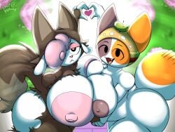 2025 4_fingers anthro areola ass asymmetrical_breast_frottage big_areola big_breasts big_butt big_nipples black_eyes bovid breast_size_difference breast_squish breast_to_breast breasts breasts_frottage brown_clothing calico_cat calico_pattern caprine cheezborger_(chikn_nuggit) chikn_nuggit claws clothed clothing cofi_(chikn_nuggit) colored costume curly_hair day digital_drawing_(artwork) digital_media_(artwork) domestic_cat duo english_description eyebrows eyeshadow fangs felid feline felis female female/female fingers flower flower_bushes fluffy fluffy_tail fur furry_wearing_fursuit fursuit gesture grey_areola grey_body grey_fur grey_markings hair hair_over_eye hand_holding hat hat_only headgear headgear_only headwear headwear_only heart_gesture heart_symbol hi_res high-angle_view huge_breasts huge_butt light long_tail looking_at_viewer looking_up looking_up_at_viewer makeup mammal markings mostly_nude mottled multicolored_body multicolored_clothing ner0_kobold nipples open_mouth orange_body orange_fur orange_markings outside partially_clothed piebald pink_areola pink_body pink_eyeshadow pink_fur pink_hair pink_nose pink_pupils pink_wool plant pupils shaded sheep shrub signature smile squish sunlight tail teeth thick_thighs tongue torn_clothing torn_costume two_tone_body two_tone_clothing watermark white_body white_fur wide_hips wolf_costume wool_(fur) wool_hair
