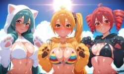 3girls ai_generated akita_neru bangs bangs_between_eyes bikini blonde_hair blush bra claws cleavage cute cute_expression cute_face cute_girl drill_hair fanloid hair hair_ornament hatsune_miku hoodie illyfurina kasane_teto long_hair looking_at_viewer medium_breasts oiled oiled_skin paws pixai ponytail red_eyes red_hair seducing seduction seductive seductive_body seductive_eyes seductive_gaze seductive_look seductive_mouth seductive_pose seductive_smile shiny_skin smile smiling smiling_at_viewer stable_diffusion teeth teeth_clenched teeth_showing teeth_visible trio trio_female trio_focus triple_baka_(vocaloid) turquoise_eyes turquoise_hair twintails utau vocaloid vocaloid_2 vocaloid_3 vocaloid_4 wet_skin yellow_eyes