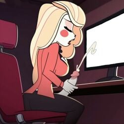 1girls accurate_art_style ai_generated charlie_morningstar charlie_morningstar_(pilot) clothed computer cum ejaculation futanari hazbin_hotel looking_at_screen masturbation monitor penis smile solo solo_futa temple watching watching_porn