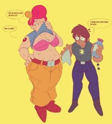1boy 1girls big_ass big_breasts big_hips brawl_stars chubby_female curvy_male eddie female femboy_on_female hairy_pussy male milf nervous_expression nervous_face ocxcanon oimaginacion pam_(brawl_stars) red_hair spanish_text sweating sweaty_body wet_body younger_male