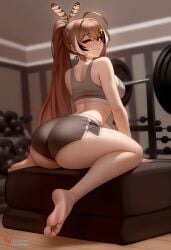 1girls 2d ai_generated ass barefeet big_ass breasts brown_hair erophoenix feet female female_focus full_body gym hairclip hololive hololive_english hololive_english_-council- hololive_english_-promise- indoors looking_at_viewer medium_breasts nanashi_mumei navel patreon_username short_shorts shorts solo solo_female sports_bra sweat thick thick_thighs toes uncensored virtual_youtuber vtuber