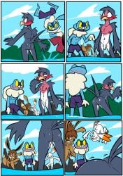 amphibian ass avian big_breasts big_butt birbpan blush blush_face blush_lines breasts canid canine clothing comic eevee exhibitionism female froakie frog generation_1_pokemon generation_3_pokemon generation_6_pokemon generation_8_pokemon genitals group hi_res humiliation lagomorph male male/female male/male mammal nintendo penis pokemon pokemon_(species) scorbunny small_penis smile swimming_trunks swimwear taillow undressing