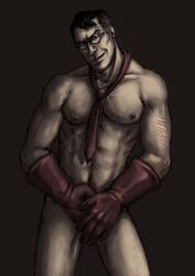 abs arm_hair bara bara_tits barazoku chest_hair covering_crotch furball891 glasses gloves male male_only medic_(team_fortress_2) muscular_male naked_gloves naked_necktie necktie nude older_male smirk team_fortress_2