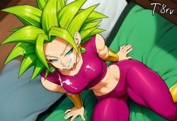 1girls ai_generated cum cum_in_mouth cum_on_face cum_on_hair dragon_ball dragon_ball_super dragon_ball_z facial female green_hair kefla leggings looking_at_viewer looking_up muscular_female narrow_waist pov smile smiling smirk sportswear t8r viewed_from_above wide_hips