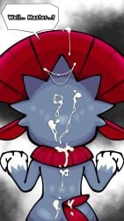 ambiguous_gender anthro black_background bodily_fluids canacrow claws cum cum_on_back cum_on_head dialogue english_text fur generation_4_pokemon genital_fluids gloves_(marking) grey_body grey_fur hi_res looking_away markings master nintendo nude pokemon pokemon_(species) rear_view simple_background solo speech_bubble text weavile white_background white_body white_fur wide_hips