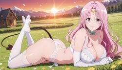 ai_generated alien big_breasts big_breasts breasts breasts lace_bra laying_on_grass long_hair looking_at_viewer pink_eyes pink_hair sephie_michaela_deviluke shiny_skin smiling tail to_love-ru to_love-ru_darkness white_gloves white_lingerie