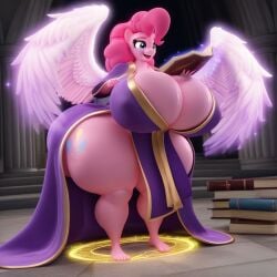 ai_generated anthro bimbo bimbofication bottomless friendship_is_magic gooner_dimension holding_book my_little_pony pinkie_pie_(mlp) robes thick_thighs