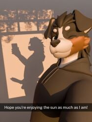 3:4 3d_(artwork) animal_genitalia animal_penis anthro balls bernese_mountain_dog biped black_body black_ears black_fur black_hair black_nose blender_(artwork) blue_eyes brown_body brown_fur canid canine canine_genitalia canine_penis canis caption caption_box cast_shadow casual_erection casual_nudity circle_eyebrows claws clothed clothing digital_media_(artwork) domestic_dog dutch_angle electronics erection eyebrows fingers floppy_ears fur genitals hair head_tilt hi_res inside knot light lighting looking_at_viewer male mammal molosser mountain_dog multicolored_body multicolored_fur one_eye_closed partially_clothed penile penis penis_shadow penis_silhouette phone pubes selfie shadow sheath short_hair silhouette smile smiling_at_viewer smirk smirking_at_viewer snapchat snout solo standing sunlight sunny sunset swiss_mountain_dog text text_box three-quarter_view vrchat_model white_body white_eyebrows white_fur window window_light wink winking_at_viewer winter_nights winter_nights_(artist) winterpaw_canine