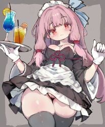 black_thighhighs blush bottomless cute expressionless fruit fruit_slice gigantic_thighs gloves kotonoha_akane medium_breasts no_panties pussy serving_drink skindentation thick_thighs thighhighs thunder_thighs voiceroid white_gloves wide_hips