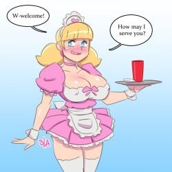 1girls aged_up big_breasts blonde_female blonde_hair blue_eyes cup dialogue female female_focus female_only hourglass_figure inspector_gadget light-skinned_female light_blue_eyes light_skin maid_apron maid_cafe maid_headdress maid_outfit maid_uniform nervous nervous_face nervous_female penny_gadget pink_maid_outfit pink_outfit samson_00 serving_tray shiny_skin shy shy_expression solo solo_female solo_focus thighhigh_stockings twintails white_stockings