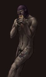 arm_hair balaclava cigarette flaccid furball891 leg_tattoo lighter lighting_cigarette male male_only mask_only naked_mask nude pubic_hair smoking_cigarette spy_(team_fortress_2) tattoo
