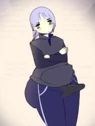 1boy chubby crossed_arms epion989 erection_under_clothes femboy green_eyes hoodie huge_ass legs_together male silver_hair thick_thighs tights trans_woman wide_hips