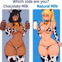 advertisement ai_generated animal_ears avatar_the_last_airbender awkward awkward_smile big_breasts bikini bikini_bottom bikini_top black_hair blonde_hair blondeb blush bottle bottle_of_milk bra breastmilk breasts breasts brown_body brown_skin caption child_bearing_hips chocolate chocolate_and_vanilla chocolate_milk cow_ears cow_girl cow_print curvy dark-skinned_female dark_skin embarrassed embarrassed_female exposed forced gloves horns huge_breasts korra lactation large_breasts light-skinned_female light_skin lingerie mammary massive_breasts meme meme_attire meme_clothing metroid milk milk_bottle nintendo ponytail samus_aran sex_slave shy skimpy skimpy_bikini sleeves tagme text the_legend_of_korra thick_thighs thighhighs thighs wide_hips
