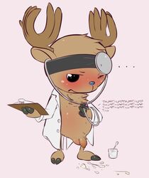 after_orgasm anthro antlers balls blush bottomless cervine clipboard clothed clothing cum cum_on_ground flaccid front_view half-dressed hollo_nut horn lab_coat male male_only mammal one_piece onomatopoeia penis reindeer science solo stethoscope tony_tony_chopper uncut wince