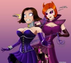 2girls brown_hair cleavage clenched_teeth collar corset cuff_(restraint) dress elbow_gloves english_text female female_only fully_clothed gloves long_gloves makeup metal_collar metal_cuffs plasma-dragon posture_collar purple_clothing red_hair small_waist text wrist_cuffs