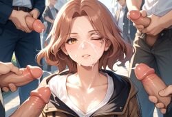 ai ai_generated anime blush brown_hair brown_jacket close-up cum daylight detailed_background female female gang_bang gangbang girly group hands-free melina_(elden_ring) multiple_characters multiple_penises outdoors realistic_style semen_on_body semen_on_face serious_expression white_shirt yellow_eyes