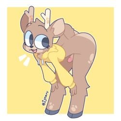 1:1 2024 anthro antlers artist_logo artist_name ass balls bent_over black_eyes border brown_body brown_fur clothing cropped_hoodie deer disembodied_penis erection eyebrows femboy fur fur_markings genitals grey_hooves grey_penis hands_on_knees hands_on_legs happy hi_res hoodie hooves horn humanoid_genitalia humanoid_penis logo male mammal markings multicolored_body multicolored_fur oakley_(aiyhav_nouneim) open_mouth penis penis_on_butt raised_eyebrows short_tail simple_background solo standing tail tan_body tan_fur text topwear tuft two_tone_body two_tone_fur vein veiny_penis white_border yellow_background yellow_clothing yellow_hoodie yellow_topwear zyneru