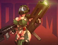 1girls assault_rifle bfg_(doom) blood bodysuit breasts casual cleavage curvy devil_hs doom doom_slayer_(doom) double-barreled_shotgun dual_wielding fingerless_gloves firearm genderswap_(mtf) gloves green_legwear gun headgear helmet highres huge_breasts human mask red_panties rifle rule_63 satchel seductive shotgun simple_background skin_tight solo standing tattoo thick_thighs thighhighs thong torn_bodysuit torn_clothes weapon