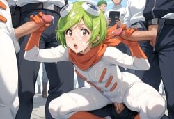 ai ai_generated anime blowjob brown_eyes crowd cum cum_on_body cum_on_face day female female gang_bang gangbang goggles green_hair group_sex kneeling multiple_penises oral_sex orange_gloves orange_scarf outdoors semen short_hair white_bodysuit