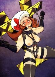 blush bondage bondage bound bow breasts brown_eyes brown_hair choker cuffs female gagged hat hat_bow long_hair lyra_(pokemon) medium_breasts my_pet_tentacle_monster newsboy_cap open_mouth pokemon pokemon_(creature) pokemon_hgss restrained thighhighs white_hat