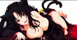 1girls :d absurdres animal_ears areolae bare_shoulders barefoot bed black_hair body_blush breast_press breasts cat_ears cat_tail cleavage collarbone erect_nipples fangs feet female fingernails hair_between_eyes hair_ornament hands high_school_dxd highres japanese_clothes kimono kuroka_(high_school_dxd) large_breasts leg_up legs long_hair long_image long_sleeves looking_at_viewer lying miyama-zero multi_tail multiple_tails nail_polish nekomata no_bra no_panties off_shoulder official_art on_side open_clothes open_mouth purple_nails scan shiny shiny_hair shiny_skin simple_background smile solo tail thighs toenail_polish toes undressing wallpaper white_background wide_image wide_sleeves yellow_eyes