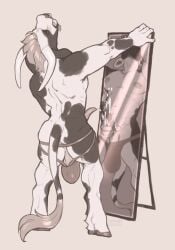 anthro balls bodily_fluids bovid bovine cattle closed_eyes clothed clothing cum cumshot ears_back ejaculation genital_fluids genitals hair hi_res horn jockstrap male male_anthro male_only mammal mirror monochrome muscular muscular_anthro muscular_male nipples open_mouth penis pivoted_ears saggy_balls seraphictiger short_hair solo standing tapering_penis topless underwear