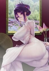 1girls 2021 :) accessory ao_dai big_breasts breasts character_request curvy dress earrings female female_only flower_vase hair_between_eyes hair_bun hat_removed hips indoors large_thighs legs light-skinned_female light_skin looking_at_viewer nipple_bulge on_floor on_side original original_character pants purple_eyes purple_hair sidelocks sitting sitting_on_floor smile smiling_at_viewer solo thick_thighs thighs tied_hair tight_clothing torpedo_breasts vietnamese_dress white_dress white_pants window z-ton
