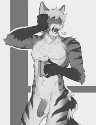 anthro balls beverage black_arms chest_tuft closed_eyes coffee coffee_cup coffee_mug container cup fangs felid feline flaccid foreskin fur genitals hair hand_on_face hi_res holding_container holding_cup holding_object humanoid_genitalia humanoid_penis inner_ear_fluff male mammal markings navel o.z.y. open_mouth penis solo spots spotted_body spotted_fur striped_body striped_fur striped_markings striped_tail stripes tail tail_markings teeth tongue touching_face tuft yawn yawning_position