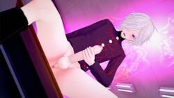 1male anus balls bottomless flames jerking kghgk koikatsu open_mouth partially_clothed penis public_nudity purple_fire shion_(the_hundred_line) solo_male the_hundred_line_-last_defense_academy- white_hair