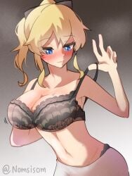 blush bra jean_gunnhildr large_ass nomsisom partially_clothed sweatdrop tied_hair undressing yoga_pants