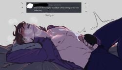 1boy bara bed blushing breath_cloud brown_hair cum discord_(app) dumeefany english_text five_nights_at_freddy's genital_fluids long_sleeves male male_masturbation male_only masturbation michael_afton moaning open_mouth open_shirt pants pillow pissgag purple_shirt steamy_breath