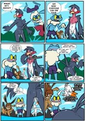 absurd_res amphibian anthro ass avian big_breasts big_butt birbpan blush blush_face blush_lines breasts canid canine clothing comic eevee english_text exhibitionism female froakie frog generation_1_pokemon generation_3_pokemon generation_6_pokemon generation_8_pokemon genitals group hi_res humiliation lagomorph male male/female male/male mammal nintendo penis pokemon pokemon_(species) scorbunny small_penis smile swimming_trunks swimwear taillow text undressing