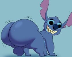 2025 5:4 alien all_fours anthro ass balls big_balls big_butt black_eyes blue_background blue_body blue_claws blue_ears blue_fur blue_hair blue_nose blue_toe_claws claws colossalstars digital_media_(artwork) disney experiment_(lilo_and_stitch) finger_claws fur genitals grin hair hi_res lgbt_pride lilo_and_stitch looking_at_viewer looking_back male male_only notched_ear presenting presenting_hindquarters rear_view sharp_teeth simple_background smile solo stitch_(lilo_and_stitch) teeth thick_thighs three-quarter_view toe_claws