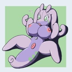 1:1 2024 air_valve_navel alternate_version_at_source animate_inanimate anthro areola big_breasts biped border breasts censored_version_at_source colored countershade_face countershade_neck countershade_torso countershading ellipsis female generation_6_pokemon genitals goodra green_background green_eyes green_markings implied_transformation inflatable inflatable_sex_toy living_inflatable living_sex_doll lying markings nintendo nipples nude oagoner on_back pokemon pokemon_(species) pseudo_hair purple_body purple_countershading seam_(sewing) sex_doll shadow simple_background solo spread_legs spreading tail tail_between_legs three-quarter_view vulva white_border