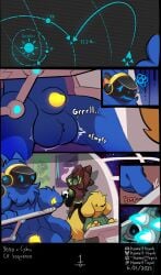 6_panel_comic animal_genitalia anthro ball_tuft becoming_erect bird_dog blue_body blue_fur blue_light canid canine canis domestic_dog floppy_ears fur genitals glowing glowing_genitalia glowing_penis glowing_tongue golden_retriever green_light group growling_balls hi_res howzit_(character) howzit_toyah hunting_dog machine male male_focus male_only mammal multi_ear multi_eye neck_tuft nude_anthro nude_male penile_spines penis penis_tip poster protogen retriever science_fiction sheath star_map tail tail_mouth terminal_display tongue trio tuft unusual_anatomy unusual_tail yellow_body yellow_fur yellow_penis yeno