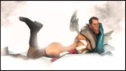 3d angel angel_wings ass boots bottomless crossdressing cute cute_male fishnet_legwear fishnets flirting gloves halo looking_at_viewer medic_(team_fortress_2) nude older_male on_stomach ribbon roses sfm source_filmmaker team_fortress_2 thighhighs