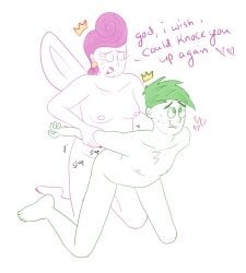 1boy1girl arched_back biting_lip breeding_kink chest_hair closed_eyes cosmo crown cuntboy doggy_style earring eyes_rolling_back freckles futanari grabbing_arm green_eyes green_hair married_couple nude on_knees pink_eyes pink_hair sweat the_fairly_oddparents vaginal_penetration wanda wanda_fairywinkle-cosma wings