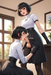 ai ai_generated anime_style black_belt blowjob brunnette deep_blowjob deepthroat detailed_shading erotichris evie_(fortnite) fellatio female fortnite fortnite:_battle_royale framed_picture futanari gloves indoors intersex nurse_cap oral oral_sex pleated_skirt red_earrings selfcest sexual_content short_black_hair stockings sucking sucking_penis sunlight window