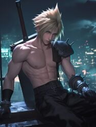 1boy ai_generated blonde_hair blue_eyes cloud_strife final_fantasy final_fantasy_vii gay male_only muscular sword topless white_skin yaoi