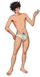 1boy ai_generated black black_hair briefs briefs_only brown_eyes bulge clothed date_everything dirk_deveraux dirty_underwear male male_underwear messy_hair narrow_waist nipples partially_clothed skinny_male solo_male sprite_edit stained_underwear tagme tattoo tattooed_arm