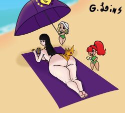 g.lins golden_week golden_week_bikini golden_bikini purple_eyes black_hair bubble_butt bubble_ass dumptruck_butt 3girls sunscreen puffy_lips big_lips swimsuit beach beach_background beach_umbrella looking_at_viewer gold_jewelry tongue_out crown queen oc coat_of_arms bird blonde_female ginger_female chibi cup ocean ocean_background peasant servant