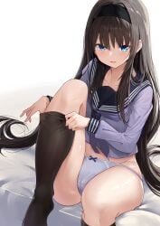 1girls black_hair black_hairband black_sailor_collar black_skirt blue_bow blue_eyes blush bow bow_panties breasts crotch_seam grey_shirt hair_spread_out hairband highres i.f.s.f kneehighs long_hair long_sleeves looking_at_viewer md5_mismatch neckerchief open_mouth panties plaid_clothes plaid_skirt sailor_collar school_uniform shirt sitting skirt small_breasts socks solo thighs tohno_akiha tsukihime underwear very_long_hair white_panties