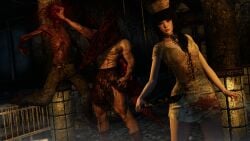 1boy 1girls 3d 3d_render black_hair blade blades blood_on_clothing blood_stain breasts caribdis chain_leash chain_necklace chained_collar chains clothed clothed_female collar crushing crushing_object eternum exposed_thighs female female_human gore high_quality high_resolution highres holding holding_object holding_weapon horror horror_(theme) killing long_hair luna_(eternum) machete male medium_boobs medium_breasts medium_tits murdered murderer muscular muscular_arms muscular_legs muscular_male muscular_thighs pretty_face pyramid_head red_eyes safe safe_for_work sfw shirtless shirtless_(male) shirtless_male silent_hill silent_hill_2 smiling stain stained_clothes stained_clothing strong strong_male sword tagme thighs video_game video_game_character video_game_franchise video_games wallpaper weapon weapon_on_back weapons
